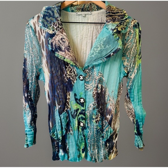 Passion Concept Tops - VTG Passion Concept Y2K Crinkle Mesh Jacket XL Blue Paisley Animal Art To Wear